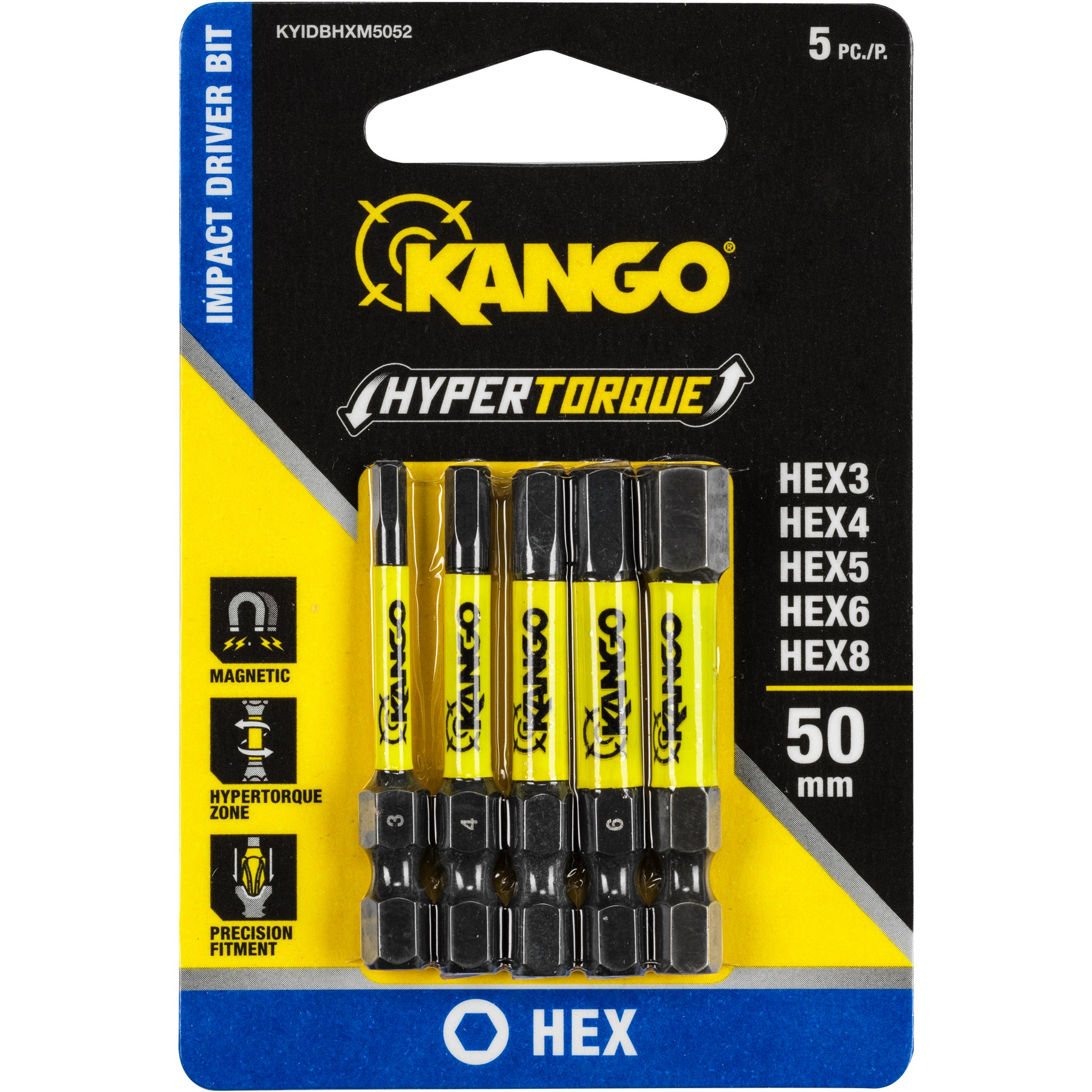 HYPERTORQUE 50mm HEX3 8 Impact Driver Bit 5 Pack Kango KANGO